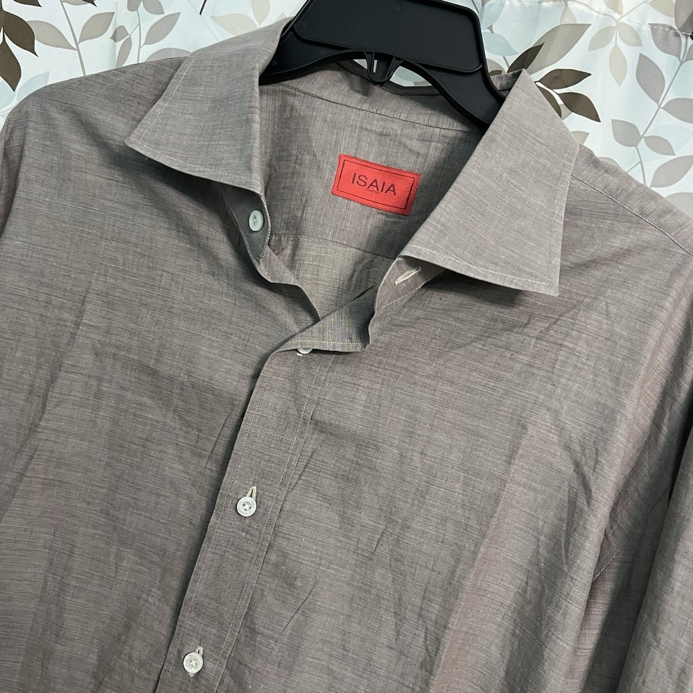Isaia Dress Shirt Men 17.5 44 Tan Brown Long Sleeve Spread Collar Italy